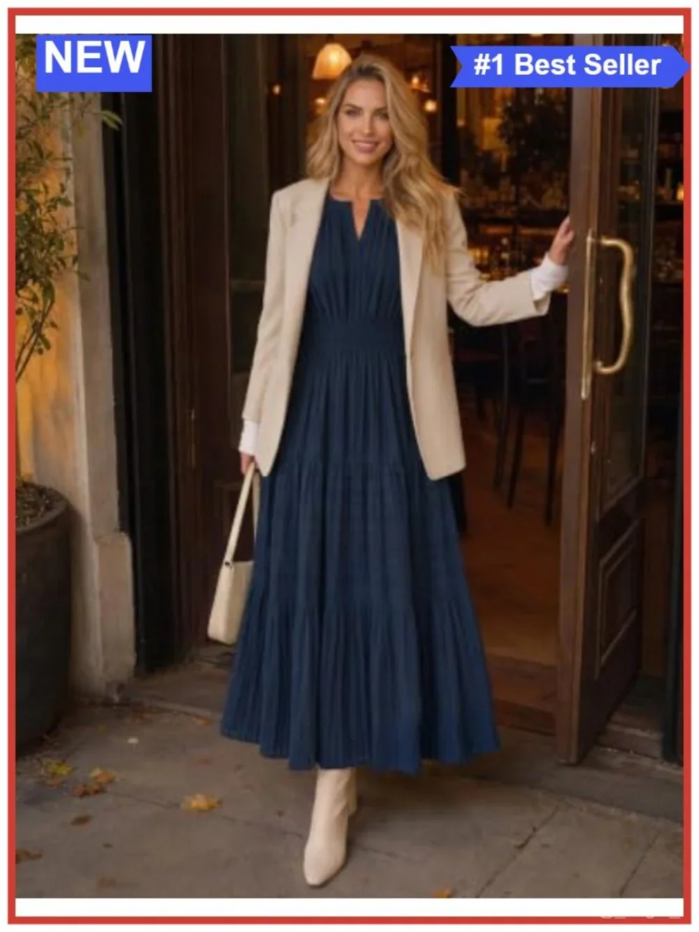Sleeveless V Neck Tiered Midi Dress Cotton Blend Flowy Side Pockets